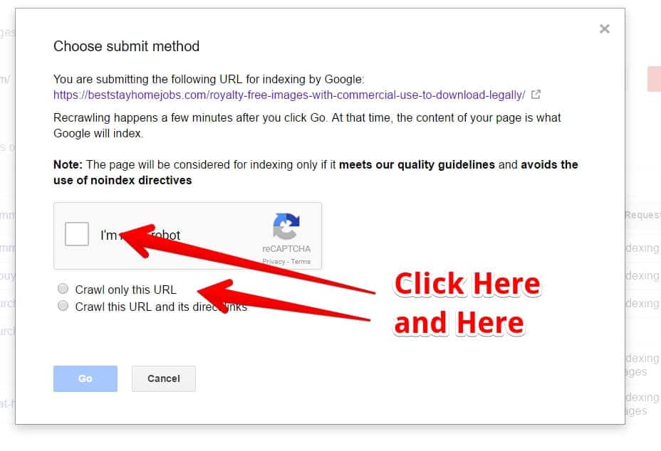 How to Submit A Blog Post To Google Search Console - Click Im Not a Robot and Select Crawl Only This URL