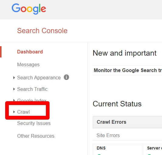How to Submit A Blog Post To Google Search Console - Click on Crawl Option