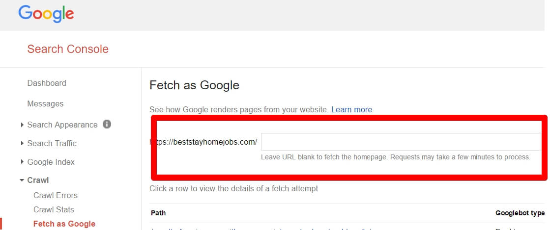 How to Submit A Blog Post To Google Search Console - The Box Where You Enter Your URL